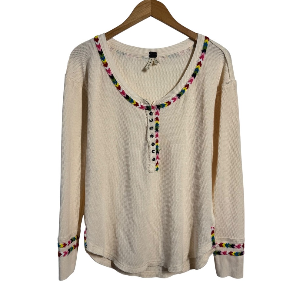 We The Free Free People Ivory Waffle Knit Henley Thermal Top Embroidered S Boho
